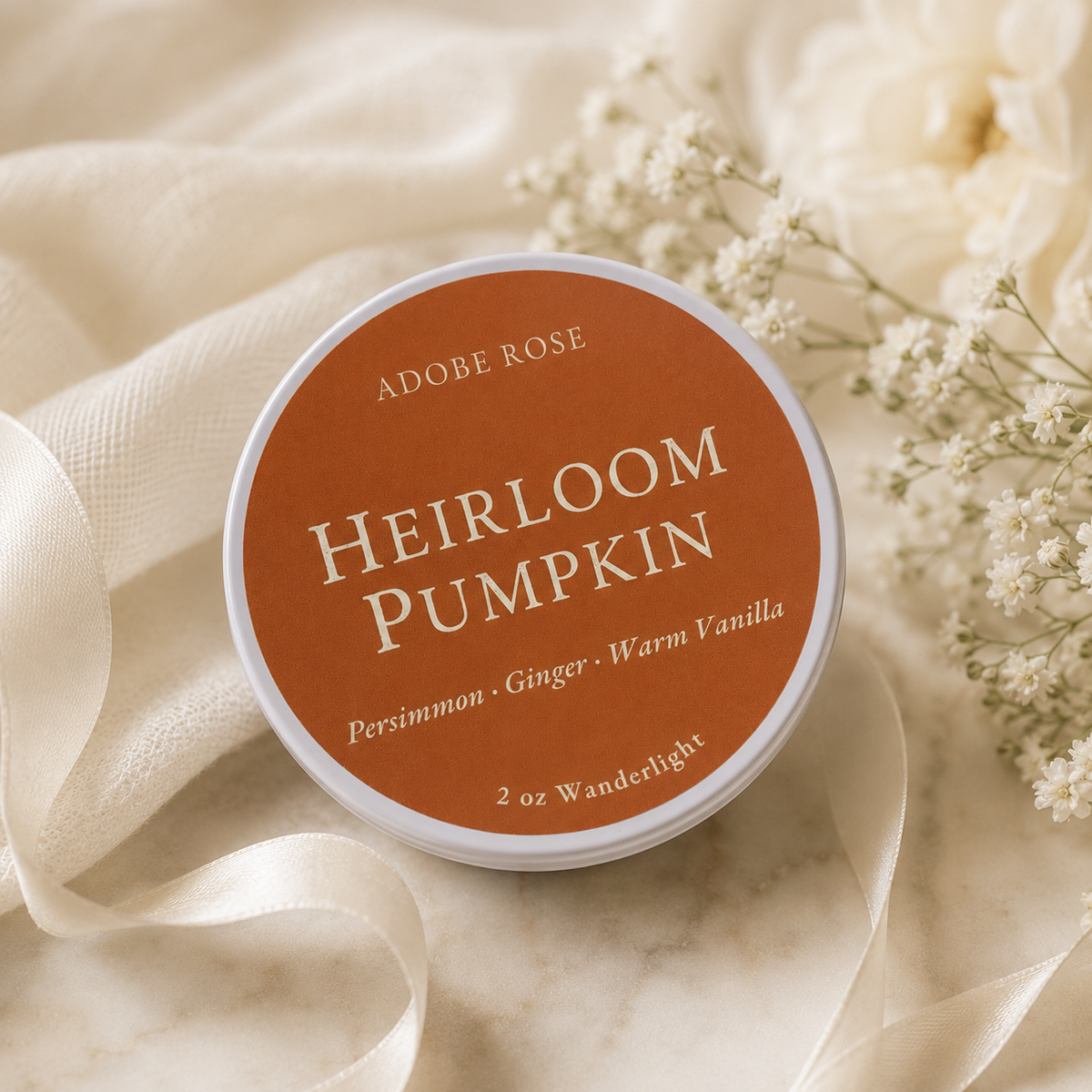 A round tin of Adobe Rose Heirloom Pumpkin body butter sits on a cream fabric and marble surface with white flowers around it. The lid label is warm rust orange with cream text reading 'ADOBE ROSE', 'HEIRLOOM PUMPKIN', and 'Persimmon • Ginger • Warm Vanilla' with '2 oz Wanderlight' at the bottom.