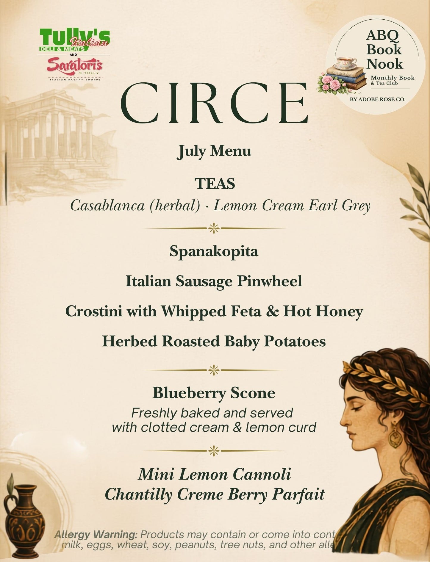 ABQ Book Nook July Menu