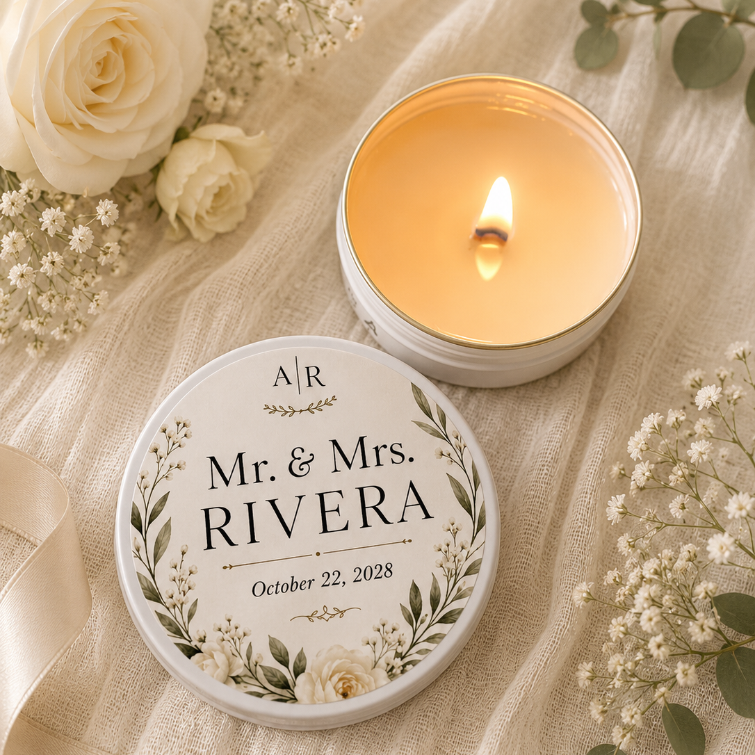 A round white candle tin with a floral printed lid labeled 'Mr. & Mrs.