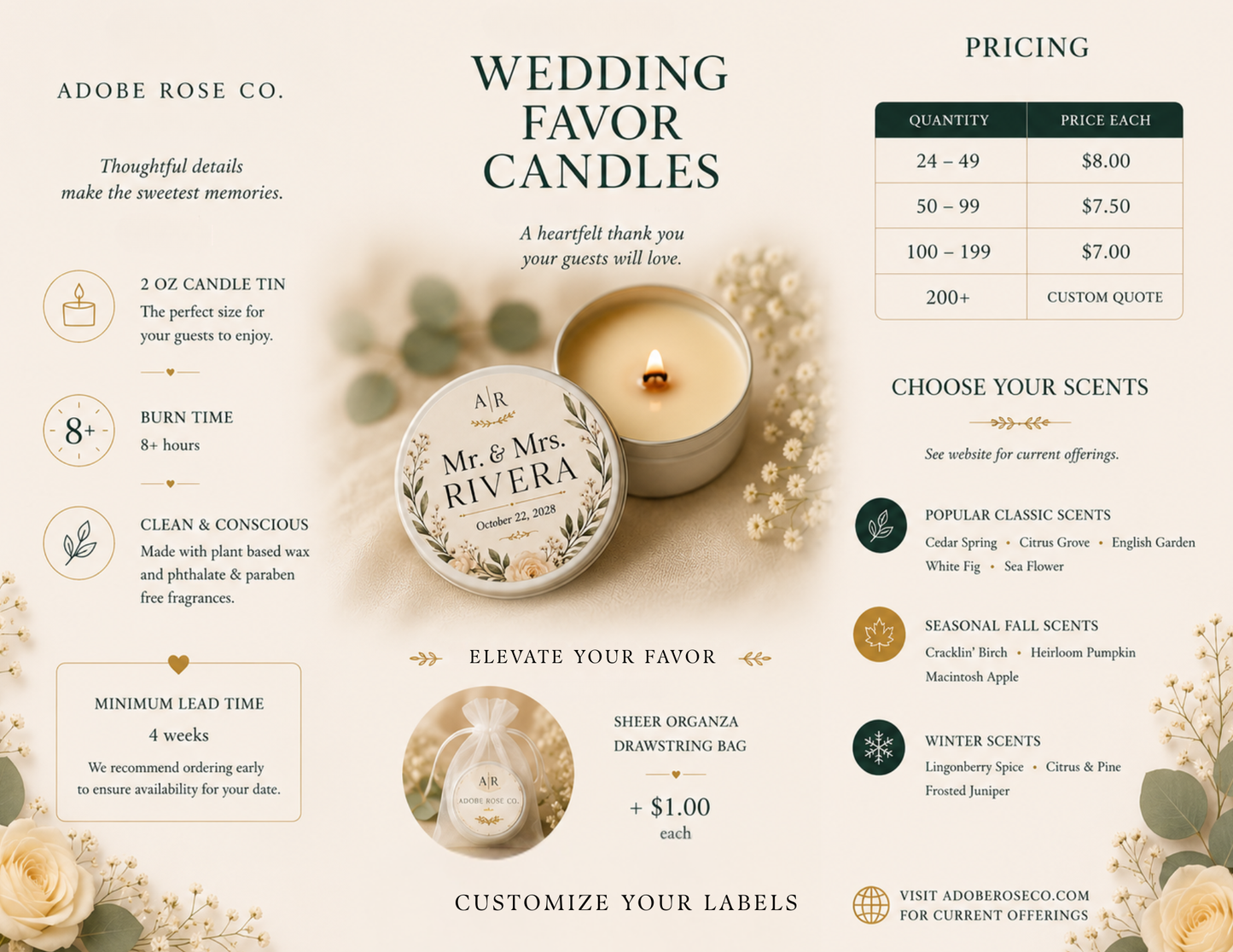 A wedding favor candle promotional graphic from Adobe Rose Co. showing a round tin candle labeled 'Mr.